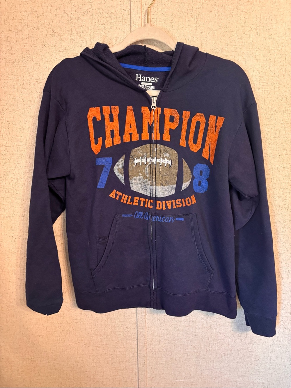 Hanes Navy Zip Hoodie with Orange & Blue Athletic Graphic boys Large